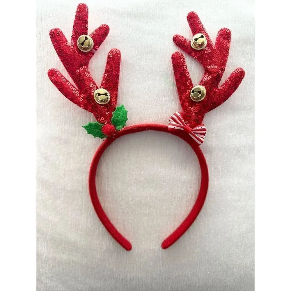 Red sequin reindeer ears with red bells
